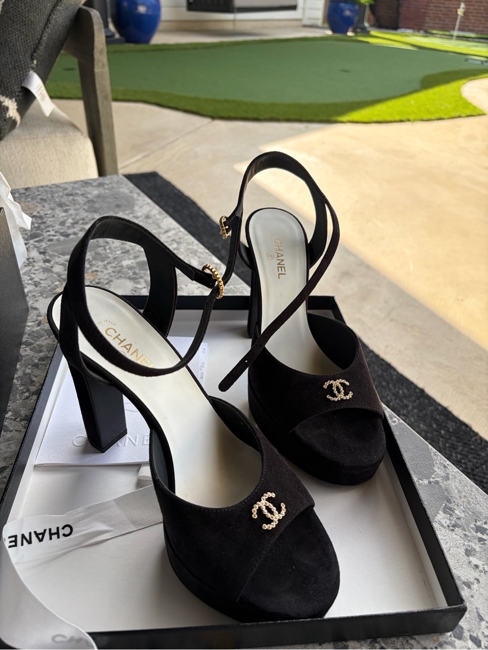 CHANEL Black Suede Crystal/rhinestone CC Logo Block Heel Sandals